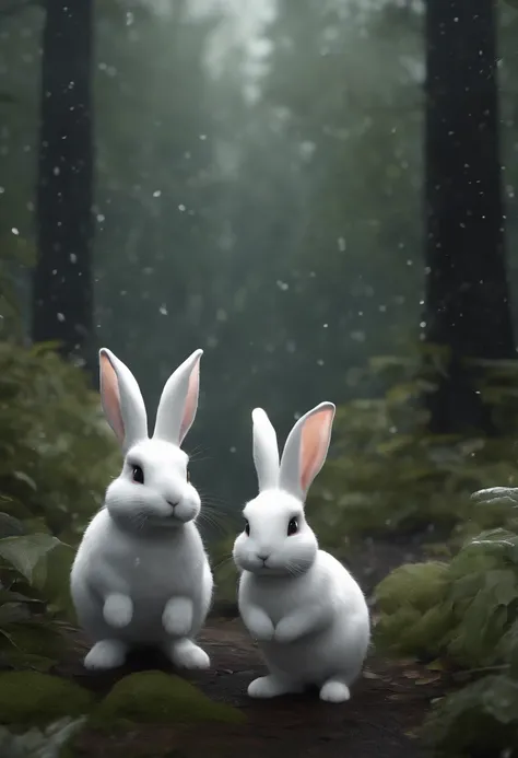 two Bunny Animal Character Animation, one is white and other is gray, in the forest, rainy day