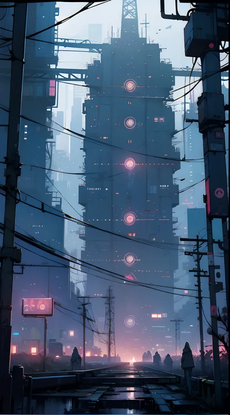 cyberpunk city, neon lights, wires, busy, detailed intricate, tall buildinds, landscape,