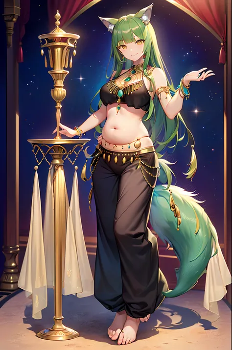 (((wolf girl))), (((jade hair))), (((smile))), ((((full body)))), (((standing pose))), (((belly dance top))), (((jewelry))), ((((long and baggy Belly Dance Harem Pants)))), (((bare feet))), (((fully detailed)))