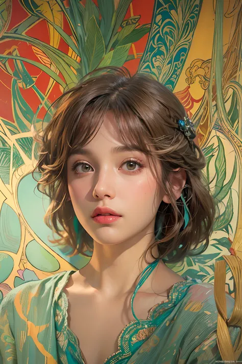 Retrato hiperrealista do feminino por david hockney e alphonse mucha, arte de fantasia, foto realista, dynamic  lighting, artstation, poster, volumeric lighting, rostos muito detalhados, 4 k, premiado,, 1girl, no escuro, sombra profunda, discreto, roupa es...