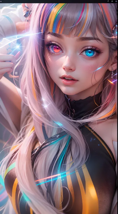 {{masterpiece}}, best quality, extremely detailed CG unity 8k wallpaper, cinematic lighting, lens flare, beautiful detail eyes, black,  side glance,  multicolor hair, colorful light, particles, heterochromia, (colorful:1.5), (colorful hair:1.5),