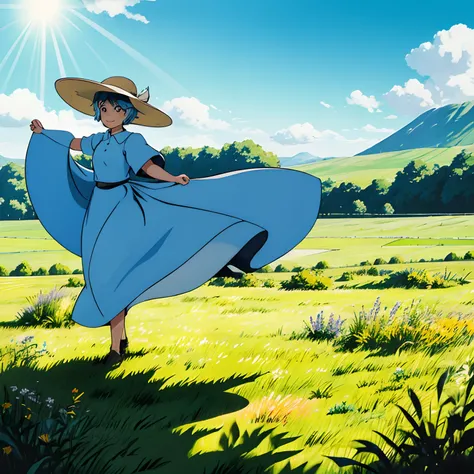 Sun visor hat:1.2), grass field, In daylight, lightsmile,Looking at Viewer, Wind, Dynamic, Strong light and shadow,Dynamic Pose,lightblue hair