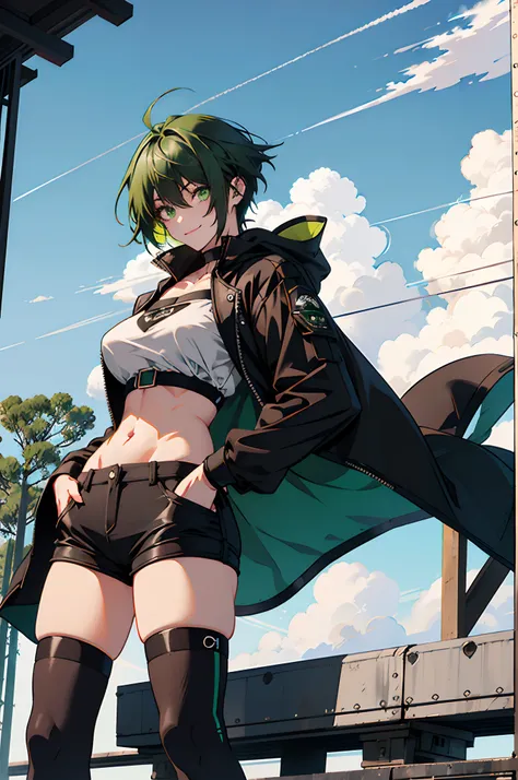 Pure sky，mechanical leg，Black mechanical legs，Plump legs，Green gem setting，Anime girl standing gracefully on the ground，Black cape and green hair, rogue anime girl, Anime girl standing, Wearing a cloak on the blasted plain, asuka suit under clothes!, Cybor...