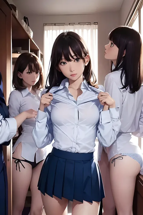 masutepiece, Best Quality, Five girls in the classroom,(5 people standing:1.2),Standing,Teenage, Looking at Viewer,l Group shot, harems,nffsw,Underwear,(pantiy),Realistic,School uniform,(Dark blue blazer and white shirt) ,(Dark blue pleated skirt),Blue Rib...