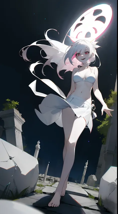 1girl,solo,colored sclera,white hair, long hair,(pale skin,extremy white skin,halo pink),(medium breasts),((white bra,white bikini,hidden arms,white skirt,bare feet,villain,psycho,villain smile, psychopath)),(((floating in front a stones ruins in night,mas...