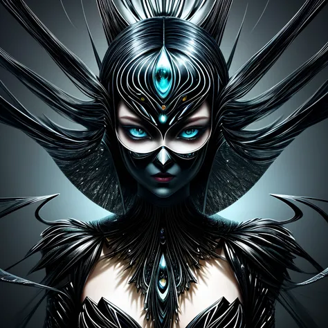 "Create a captivating scene where a stunning woman, her eyes sparkling with intelligence and grace, stands before a mesmerizing display of Ferrofluid. The dual masks she wears, a blend of protection and style, add an intriguing layer to her enigmatic prese...