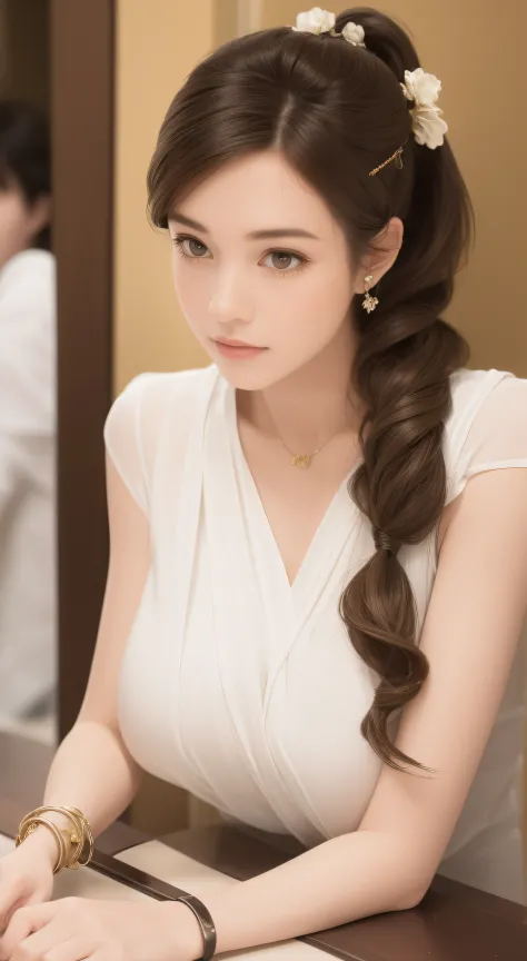 Female((aged 40)), Hair((Long wavy, Golden)), Eyes((Smart eyes, Green eyes)), clothes((Maxmara, Mini dress, White, Silva)), Accessories ((pony tails, Hairpins Hairpins, impact, Bracelet)), Bigboobs, gigantic cleavage breasts, Korean makeup, club, Party, Gr...