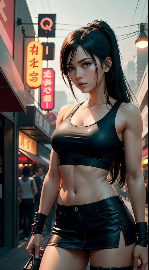 Tifa lockhart, tifa_lockhart,  ff7, serious face, white tank top shirt, black miniskirt, black long hair, long eyelashes, beautiful red eyes with brightness, surrealism, shadow, stereogram, (photorealistic, realistic: 1.2), POV, atmospheric perspective, ci...