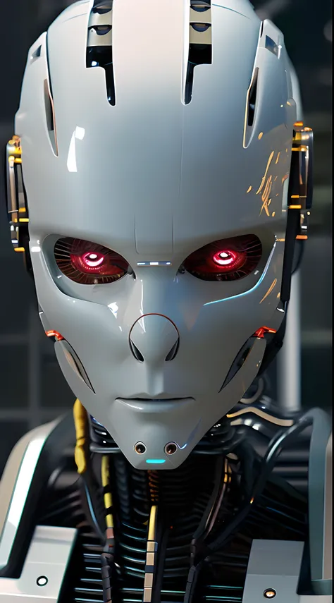 a closeup of a robot with red eyes and a white helmet, retrato em close-up de ciborgue, face of an armored villian, movie still ...