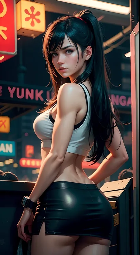 Tifa lockhart, tifa_lockhart,  ff7, serious face, white tank top shirt, miniskirt, long hair, long eyelashes, beautiful red eyes with brightness, surrealism, shadow, stereogram, (photorealistic, realistic: 1.2), POV, atmospheric perspective, cinematic ligh...