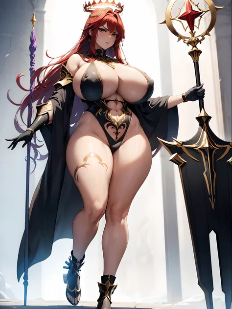 masterpiece, best quality, adult women with sexy royal armor style, futuristic decorate halo style crown at head, ( holding 1 decorated magical staff), muscular thicc body, medium hair, crimson hair color, bangs, HD delicated face, huge body figure, tall w...