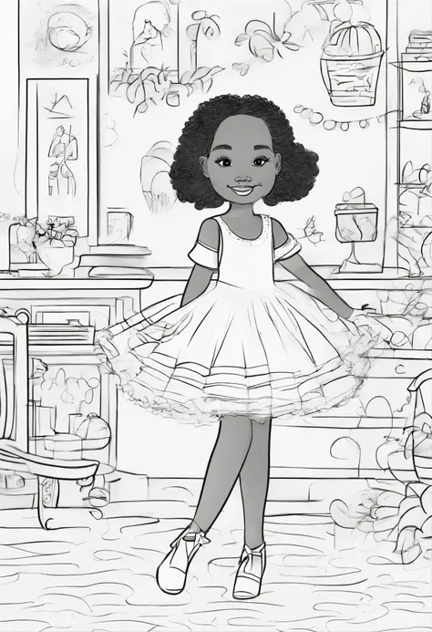 girl with multiple poses and expressions, white background simple childrens book illustration style, cute, 4 years old, bright colors, curly black hair, dark skin with a white ballerina dress coloring page