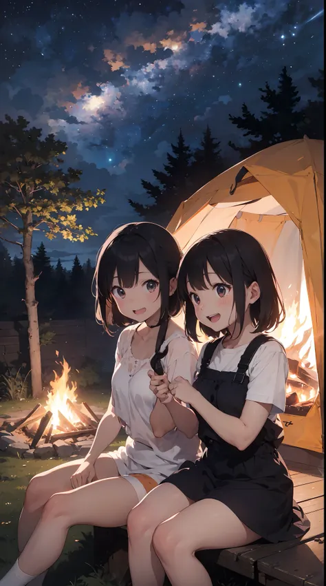 Illustration of girls singing and laughing in front of a campfire。They all wear different clothes and hairstyles.、Individuality is felt。One of them was singing while playing the guitar.、The other is singing while grilling marshmallows。They were both smilin...