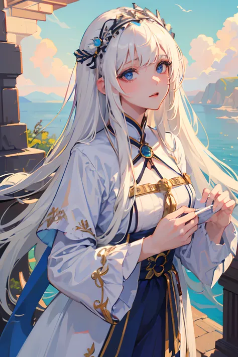 ((masterpiece, best quality)), (1girl), (solo), (female focus, mature, milf), ((long hair, messy hair, headdress, white hair)), blue eyes, Gengchen, Aether Gazer