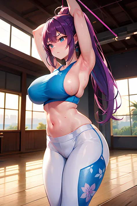 The sunset shines in　fitness gym　yoga mats、full of sweat、Light Blue Fitness Wear　Use English characters、Floral pattern　White leggings、White ankle socks、Navel Ejection、 pinkcolor　Longhair　Hair Retention Pin、wrist watch、Colossal tits　Whip whip、Sapphire Earri...