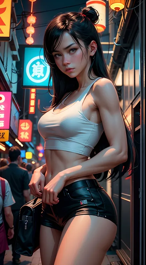 Tifa lockhart, tifa_lockhart,  ff7, serious face, white tank top shirt, white miniskirt, long hair, long eyelashes, beautiful red eyes with brightness, surrealism, shadow, stereogram, (photorealistic, realistic: 1.2), POV, atmospheric perspective, cinemati...