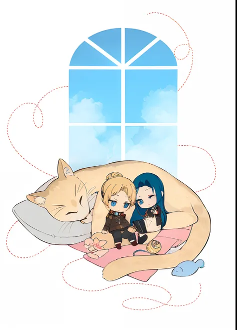 2chibi, 1big cat, window in night scenery