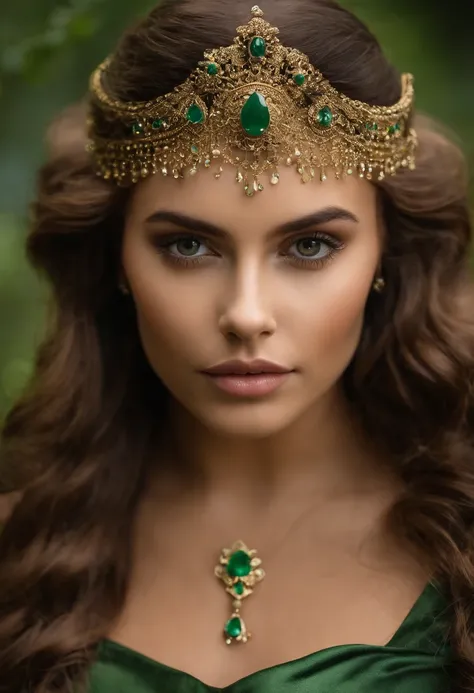 (((retrata umajovem bruxa de 19 anos com cabelos escuros, pele bronzeadas, rosto redondo, cabelo ondulado, roupa medieval verde e dourado, coroa, colar com pigente pequeno e com o fundo preto)