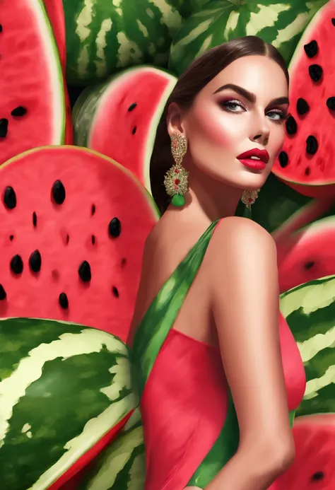 an illustration capturing the essence of a woman making a bold fashion statement by wearing a distinctive watermelon costume on the runway at a fashion show. Ensure that her facial expressions are captivating, her eyes are beautiful, and her body proportio...