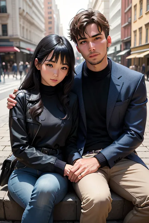 A woman and a man sitting in a square taking a picture together