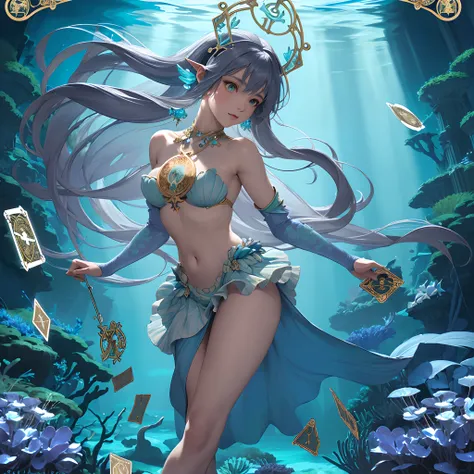 masterpiece, best quality, Alphonse Mucha, art nouveau,
 (tarot card style:1.3),  tarot framework with deep-sea motifs,  
(dark shot:1.2), blue theme, dark and glowing,
1girl, grey brond hair, absurdly long hair, ponytail, upper body,  from side, looking a...