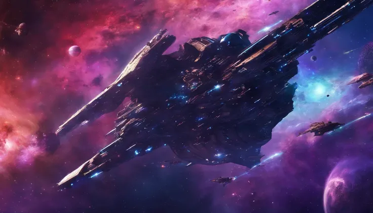 stars, space, nebula, open space, galaxy, blue and purple tones, space opera, greatness, eternity, calm, hyperrealism, spaceships. space battle, explosions, fighter, bombers, lasers, battleships, fire, space fleet, epic battle