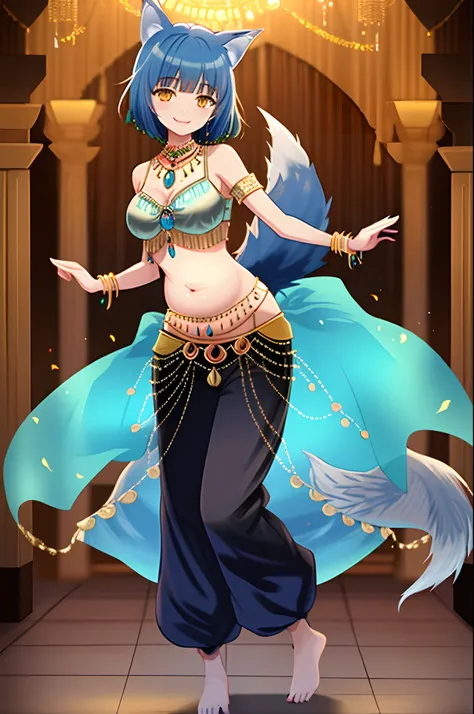 ((((wolf girl)))), (((blue hair))), (((smile))), ((((full body)))), (((standing pose))), (((belly dance top))), (((jewelry))), ((((long and baggy Belly Dance Harem Pants)))), (((bare feet))), (((fully detailed)))