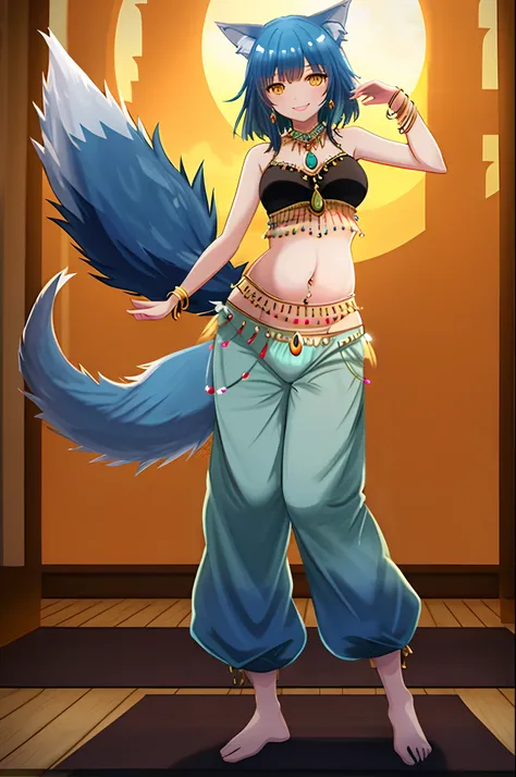 ((((wolf girl)))), (((blue hair))), (((smile))), ((((full body)))), (((standing pose))), (((belly dance top))), (((jewelry))), ((((long and baggy Belly Dance Harem Pants)))), (((bare feet))), (((fully detailed)))