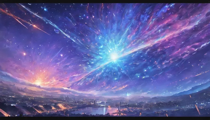 stars, space, nebula, open space, galaxy, blue and purple tones, space opera, greatness, eternity, calm, hyperrealism, spaceships. space battle, explosions, fighter, bombers, lasers, battleships, fire, space fleet, epic battle