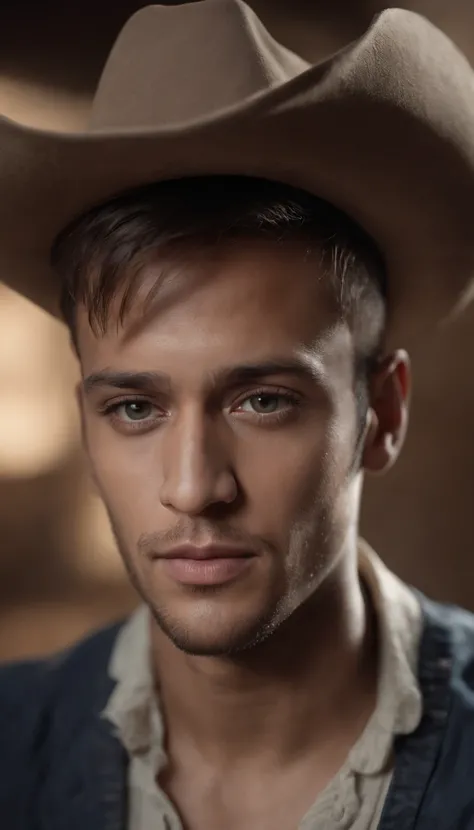 Make a photorealistic portrait of Neymar Junior using a Western-style cowboy interior , fundo branco, medium close up shot, estilo de detalhes ultrafinos, foto de alta qualidade, 105 mm f/1.2, 24 mm,Texturas 4k, soft  Cinematic Light, altamente detalhado, ...