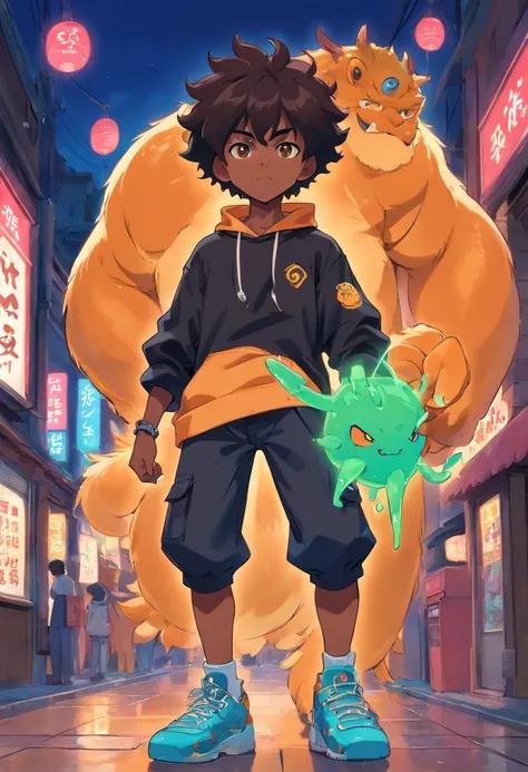 Monster Boy, Caramel Brown skin Black boy moor, Bald Hairstyle, Streetwear, Full Slime Body, colors neon, risa loca, malvada