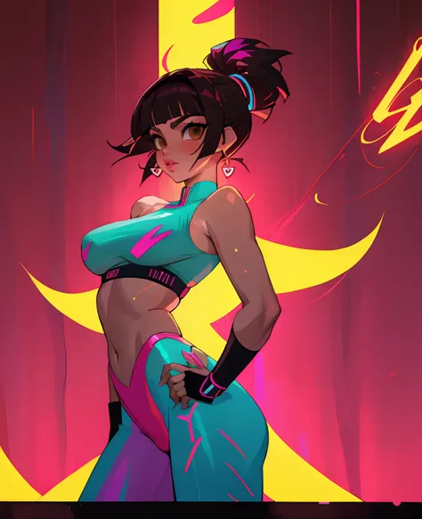 ((melhor qualidade)), ((master part)), ultra-detalhada, Menina bonita Juri Han, Garota bonita, Neon light. veste um (top),((Beautiful and Aesthetic)), sexy, seios grandes, gostosa, dingy gym, Cyberpunk, dingy gym, rosto bonito detalhado, brown eyes beautif...