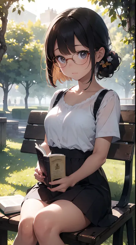 Superb Illustration, Masterpiece, Super High Quality, Super High Quality, Quality Improvement, Realistic Stick, Girl, Solo, Princess, (Sunlight Through the Trees: 1.8), beautifully captures the moment when the princess is reading a book in a corner of the ...