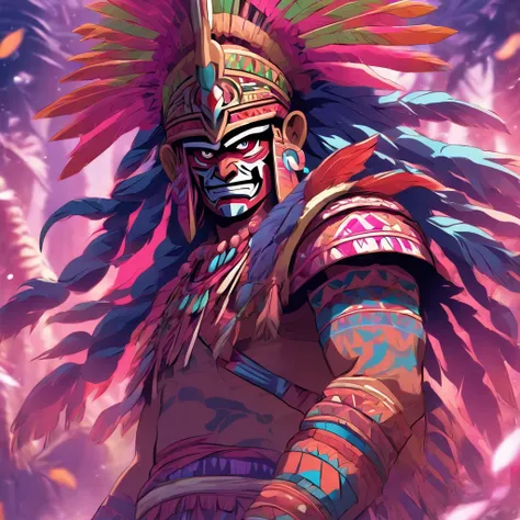 Aztec Warrior, colors are pale pink pink and violet, Amakumo Fruit, island, masterpiece, best quality