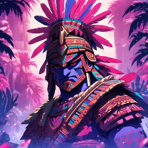 Aztec Warrior, colors are pale pink pink and violet, Amakumo Fruit, island, masterpiece, best quality