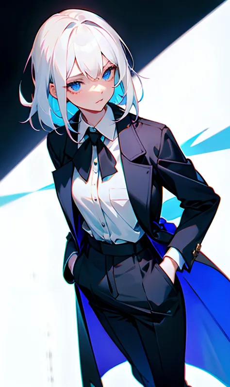 White-haired girl with blue eyes wearing a dress suit and overcoat over her blouse with her hand in her pocket