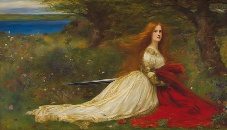 John Everett Millais, Pre-Raphaelites, knight, lady, medieval, banner, wind, sword