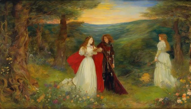 John Everett Millais, Pre-Raphaelites, knight, lady, medieval, banner, wind, sword