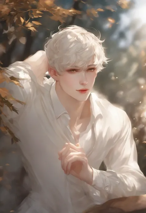 Delicate face, Downshot, Thick Acrylic, Illustration pixiv, by Kawassie, John Singer, Sargent, masutepiece, Upper body, king, One, Boy, Two hands, White eyes, white short hair,, pale white skin, Beautiful face, God Light, white, Shirt, Rich details, High q...