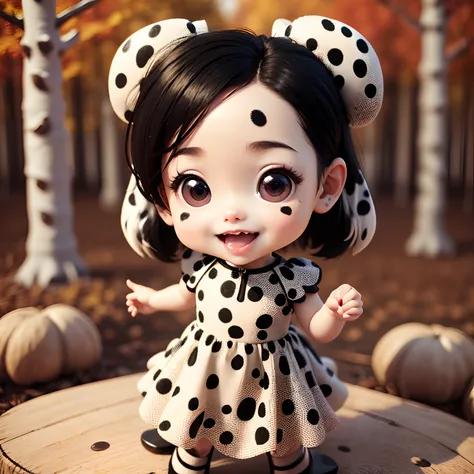 Cute Baby Chibi Anime,(((chibi3d))) (best quality) (masterprice)Black Hair Cornrow Hairstyles、(dalmatian pattern dress:1.4)、(dalmatian pattern high-heel:1.4)、Small face、petite body、Open your mouth and smile、The background is a fairytale autumn forest