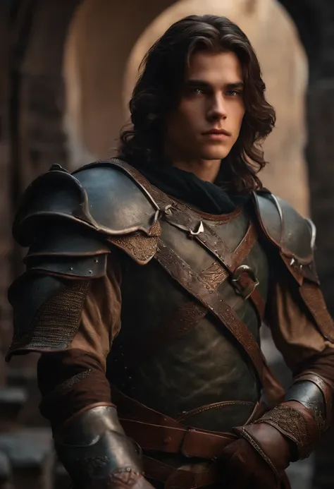 (best quality,realistic,cool colors),19-year-old boy,wearing old leather armor,long dark hair,harmonious face,cinematic catalogue,movie advertisement,realistic image,cool colors