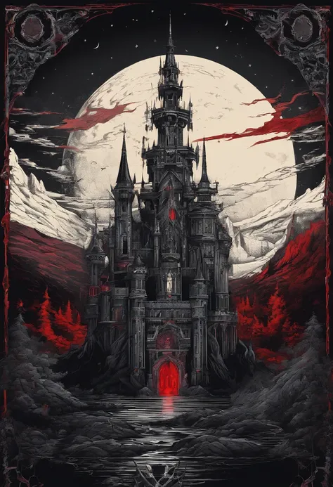 Castlevania castle with the title Castlevania in the middle. With red eyes looking at viewer in the night sky.