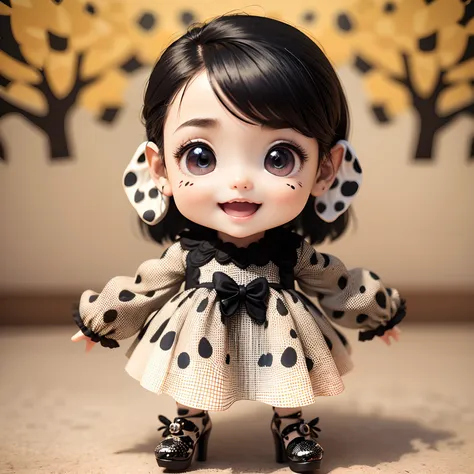 Cute Baby Chibi Anime,(((Chibi 3D))) (Best Quality) (Master Price)、Dalmatian ears、Black Hair Corn Row Hairstyle、(Dalmatian Pattern Dresses:1.4)、(Dalmatian Pattern High Heels:1.4)、a small face、petite body、Open your mouth and smile、Standing、The background is...