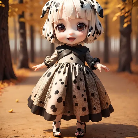 Cute Baby Chibi Anime,(((Chibi 3D))) (Best Quality) (Master Price)、Dalmatian ears、Black Hair Corn Row Hairstyle、(Dalmatian Pattern Dresses:1.4)、(Dalmatian Pattern High Heels:1.4)、a small face、petite body、Open your mouth and smile、Standing、The background is...