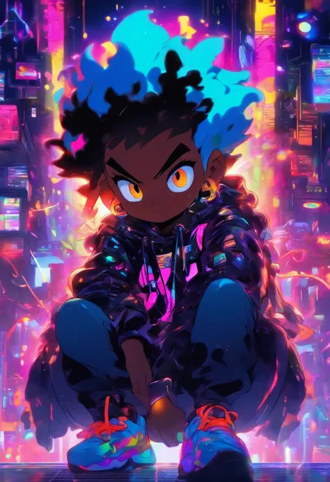 pixarstyle Monster Boy, Caramel Brown skin Black boy moor, Bald Hairstyle, Streetwear, Full Slime Body, colors neon, risa loca, malvada ,A digital window floating in cyber space and an operator woman sitting on a chair floating in space, operating the wind...