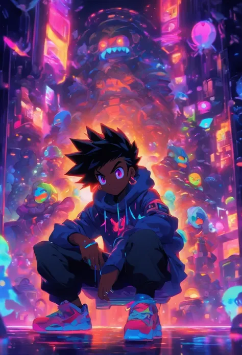 pixarstyle Monster Boy, Caramel Brown skin Black boy moor, Bald Hairstyle, Streetwear, Full Slime Body, colors neon, risa loca, malvada ,A digital window floating in cyber space and an operator woman sitting on a chair floating in space, operating the wind...