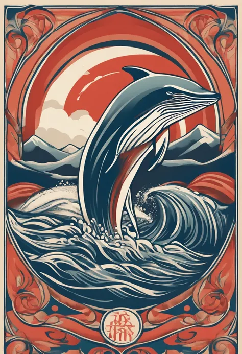 Clean drawing of Nishikigoi jumping out of the water、A simple Haida design flows through a whale、Haida design has simple, clean flowing lines with no filler pattern on the inside、Side view of the whole body、Art Nouveau advertising style、Im looking with my ...