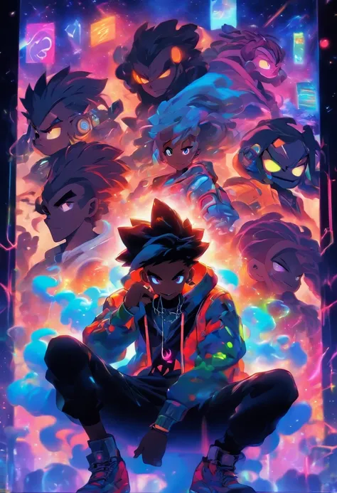 pixarstyle Monster Boy, Caramel Brown skin Black boy moor, Bald Hairstyle, Streetwear, Full Slime Body, colors neon, risa loca, malvada ,A digital window floating in cyber space and an operator woman sitting on a chair floating in space, operating the wind...