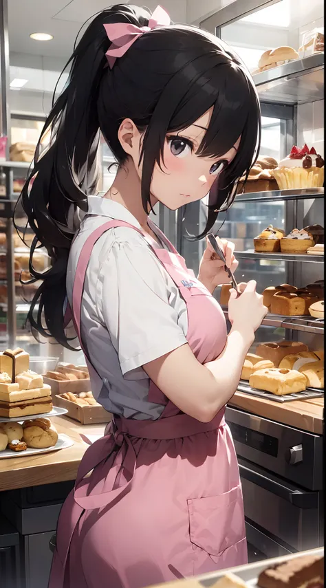 Girl with dream of becoming a pastry chef。She wears a pink apron and a white shirt.、Her hair is in a brown ponytail。Although she is making cakes and cookies in the kitchen、Very skillful and amazingly skillful。She kneaded the dough or、Put it in a mold、It de...