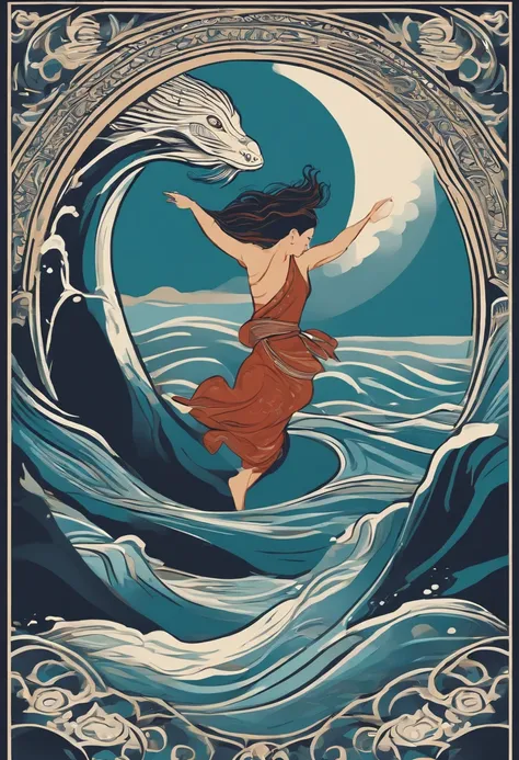 Beautiful drawing of Nishikigoi jumping out of the water、A simple Haida design flows through the Nishikigoi、Haidas design is simple, Clean flowing lines with no filler pattern on the inside、Side view of the whole body、Art Nouveau advertising style、Im looki...